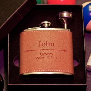 Flask in Gift Box, Personalized Groomsman Leather Flask w/ Arrow Design, Custom Engraved Gift, Best Man, Bachelor Party, w/ Funnel, Bachelor