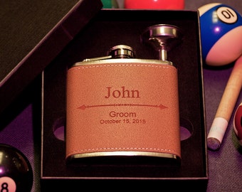 Flask in Gift Box, Personalized Groomsman Leather Flask w/ Arrow Design, Custom Engraved Gift, Best Man, Bachelor Party, w/ Funnel, Bachelor