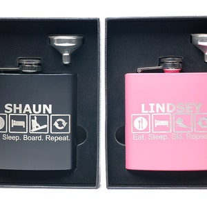 Gift Flask for Ski + Snowboard, Eat-Sleep-Ski-Repeat, Personalized Snowboard Flask, personalized Ski Vacation Gift, Snow Slopes, Winter