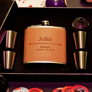 Flask Gift Set, Personalized Groomsman Gift, Custom Engraved Flask Arrow Design, Wedding Flask +Funnel +Shot Glasses, Bachelor Gift, Groom