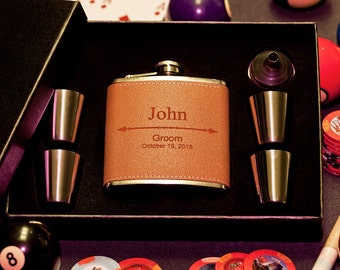Flask Gift Set, Personalized Groomsman Gift, Custom Engraved Flask Arrow Design, Wedding Flask +Funnel +Shot Glasses, Bachelor Gift, Groom