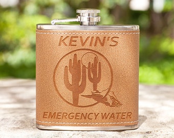 Fun Gift for Birthday "Emergency Water", Personalized Leather Flask for Friends, Colleagues, Boss, Laser Engraved Hip Flask