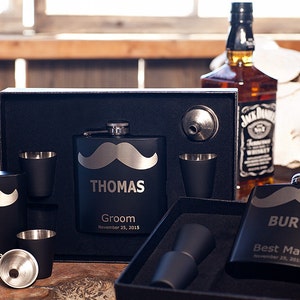 Flask Gift Set, Personalized Groomsman Mustache Flask, Custom Engraved Gift, Wedding Flask +Funnel +Shot Glasses, Bachelor Party, Groomsmen