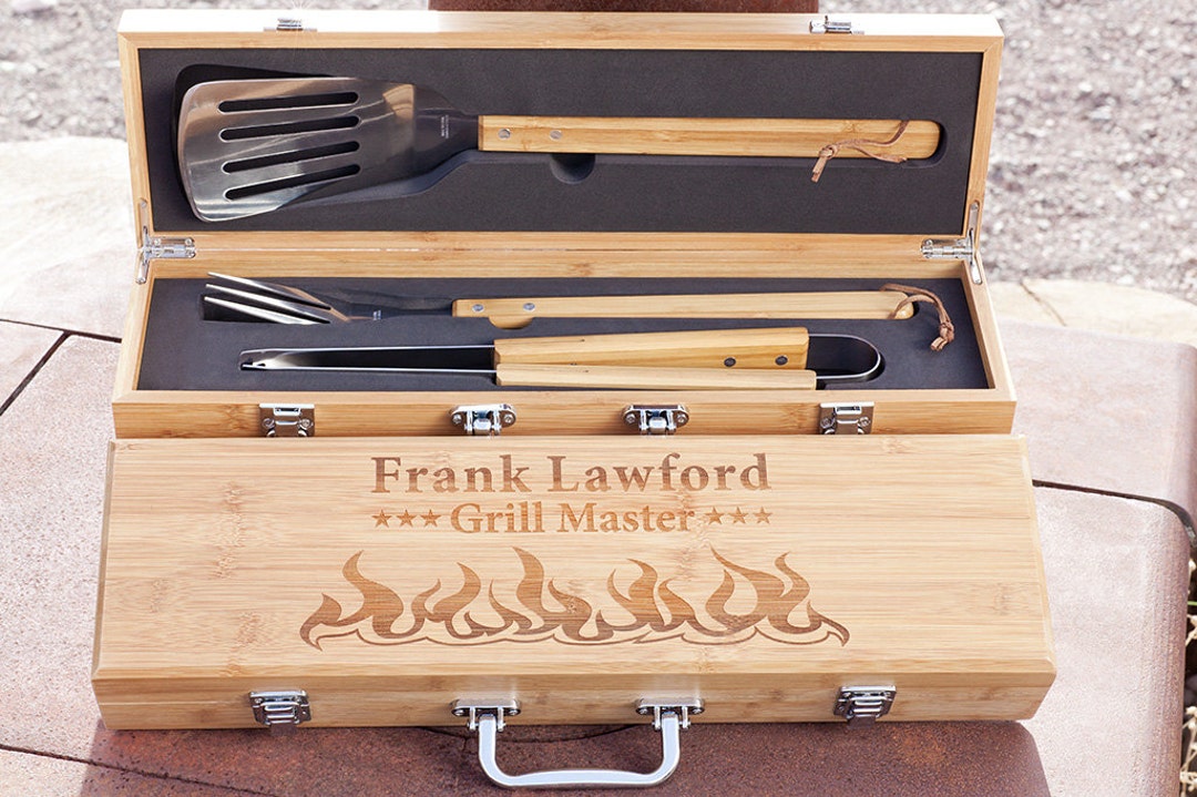 Personalized Bamboo BBQ Gift Set, Grilling Tool Set, Engraved Barbeque ...