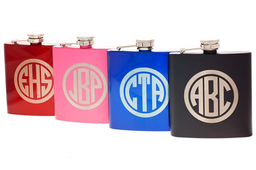 Personalized monogram Flask, Custom Engraved Hip Flask in RED, BLUE, BLACK, Pink, Leather, Gift ...