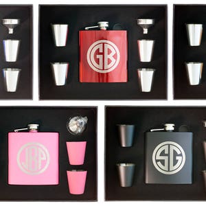 Monogram Flask Gift Box +Funnel +Shots: Personalized in RED, BLUE, BLACK, Pink, Leather, Gift for Birthdays, Friends, Party Favor, Groomsman