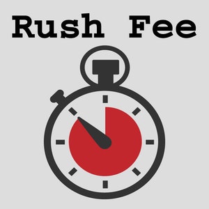 May include: A black and white stopwatch with a red timer. The stopwatch is a symbol for a rush fee.