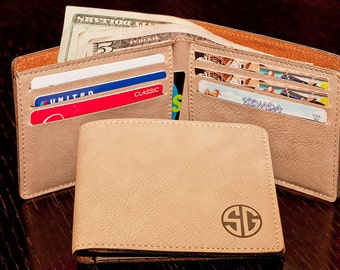 Personalized Beige Bifold Wallet, Monogram, Custom Engraved Leather Wallet, Fathers Day, Stocking Stuffer, Birthday, Christmas, Leatherette