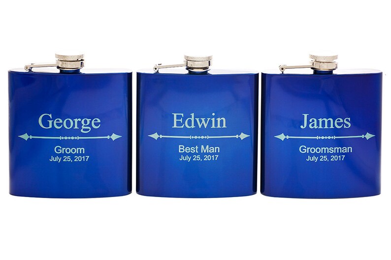 Personalized Blue Flask Gift Set Custom Engraved Groomsman Etsy