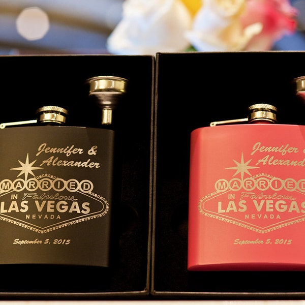 Gift Box Set of 2 Personalized “Married in Fabulous Las Vegas” Flasks, Set for Bride & Groom, Custom Engraved Wedding Gift, Anniversary