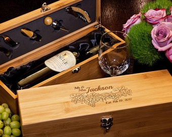 Personalized Bamboo Wine Box with Tools, Custom Engraved Family Gift, Personalized Wooden Wine Box for Wine Lovers, Birthday, Anniversary