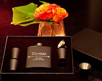 Flask Gift Set, Personalized Groomsman Gift, Custom Engraved Flask with Arrow Design, Wedding Flask +Funnel +Shot Glasses, Best Man,Bachelor