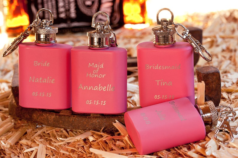 Personalized Bridesmaid Key-Chain Mini Flask, Custom Engraved Pink Flask, Wedding Gift for Bridesmaids, Bachelorette Party, Girls Night Out image 1