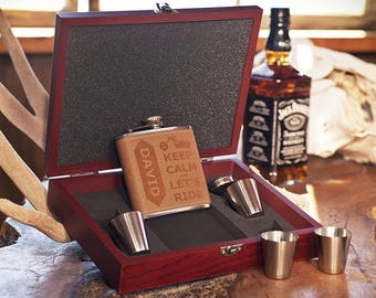 Gift for Him: Flask Gift Set +Funnel +Shots , Personalized, Laser Engraved Gift for Biker, Motorcycle Fan, Man Cave, Christmas, Husband