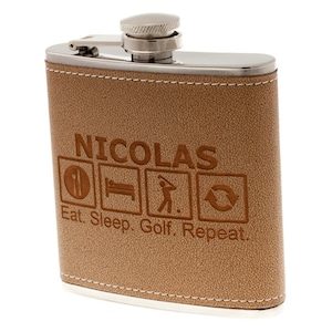 Personalized Golf Flask &quot;Eat. Sleep. Golf. Repeat&quot;, Golf Gift for Fathers Day, Dad, Husband, Birthday, Golf Tournament, Birdie, Golf Prize