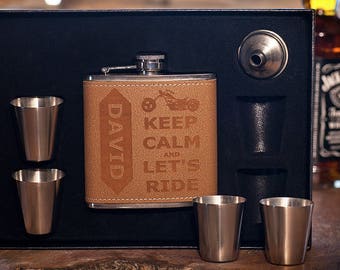 Flask Gift Set for Him, "Keep Calm & Let's Ride", Laser Engraved Flask + Funnel + Shots, Gift for Motorcycle Fan, Biker, Man Cave, Husband