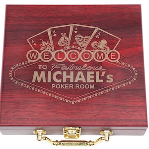 Personalized Poker Gift Set, Custom Engraved Poker Game Box, w/Poker Chips /w Poker Cards, engraved Rosewood Case, Birthday, Fathers Day