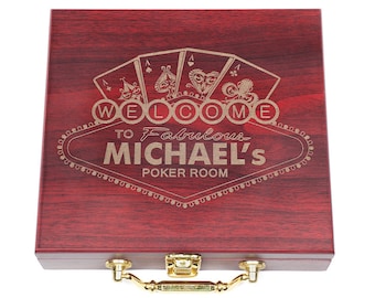 Personalized Poker Gift Set, Custom Engraved Poker Game Box, w/Poker Chips /w Poker Cards, engraved Rosewood Case, Birthday, Fathers Day