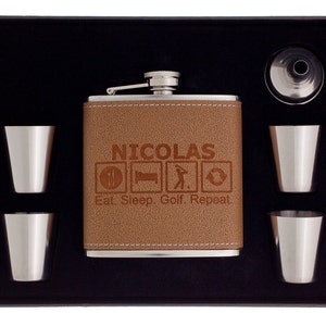Personalized Flask &quot;Eat. Sleep. Golf. Repeat&quot;, Golfer Gift Set, Customized Birthday Gift, Golf Flask + Funnel +Shot Glasses, Retirement