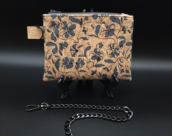 EFR - 0003 Small bag with chain/ makeup pouch. Blue flowers on cork