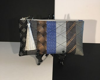 EFR - 0029 Upcycled ties makeup pouch in shades of blue grey and brown