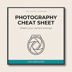 May include: A square graphic with a black border features the text "PHOTOGRAPHY CHEAT SHEET" and "Master your camera settings." Below is a camera lens graphic. The bottom has a teal banner with the text "Learn Lifelong Skills."