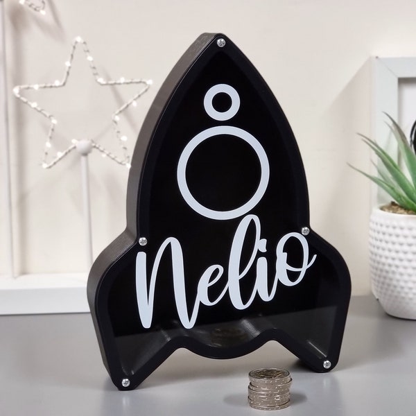 Tirelire Rocket noire personnalisée pour garçons, imprimée en 3D, tirelire fusée en plastique PLA - Cadeau de vacances unique !