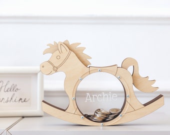 Piggy bank wood, Rocking horse lover gift, Personalized piggy banks for boys