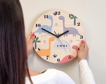 Personalized Dinosaur Wall Clock - Dino Theme gift- Unique Kids Room Decor | Custom Timepiece for Children Room