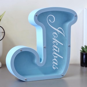 Alcancía con letras personalizadas para niños - Hucha con nombre personalizado - Hucha con iniciales impresas en 3D - Regalo para baby shower o bautizo - Hucha con letras azules