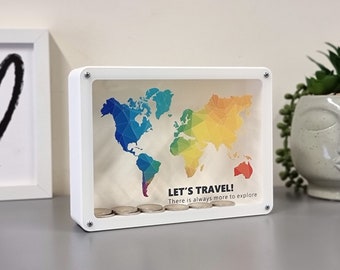 3D printed White piggy bank with world map, Adventure fund, made of PLA plastic