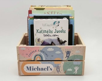 Wooden book crate personalized, Cat lover gift, Kids book shelf