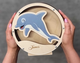 Regalo amante de los delfines, Alcancía de madera, Alcancía personalizada