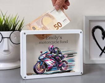 Personalized Sport Motorcycle Piggy bank, 3D Printed Piggy banks for girls, Motorcycle gifts for woman, Motorcycle money box