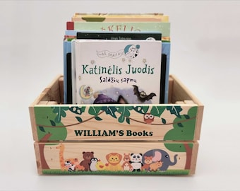 Kids book crate Jungle, Book storage box personalized