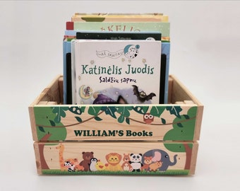 Kids book crate Jungle, Book storage box personalized