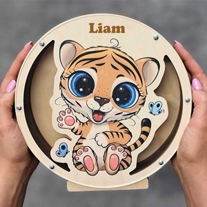 Personalized Tiger Piggy Bank, Wooden Animal Coin Bank for Kids, Safari Nursery Decor, Custom Gift Idea for Birthday or Baptism, Wild one