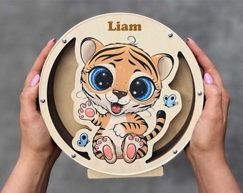 Tiger piggy bank, Wooden piggy bank, Personalized gift