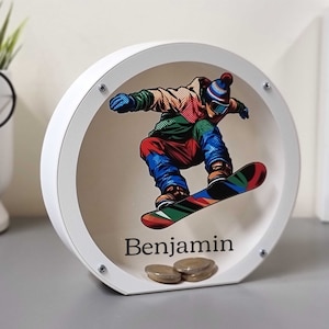 Regalo personalizado para snowboarder: alcancía de deportes de invierno, impresa en 3D con plástico PLA. Regalo personalizable para snowboarder.