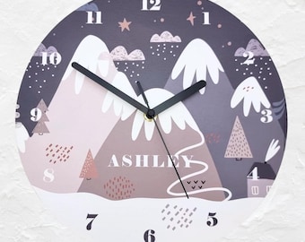 Personalized Clock for Kids Bedroom - Mountain Theme Nursery Wall Clock