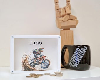 Personalized dirt bike piggy bank - 3d printed piggy bank made of PLA plastic - Perfect motorcycle gift!