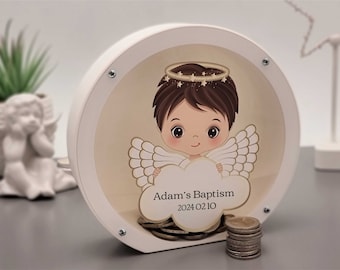 Cofrinho personalizado para menino, com desenho de anjo, presente de batizado