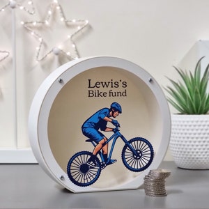 Personalized 3D Printed Bike fund, Piggy banks for boys, Cycling gifts, Money box for kids, Biking gift, Racing gifts