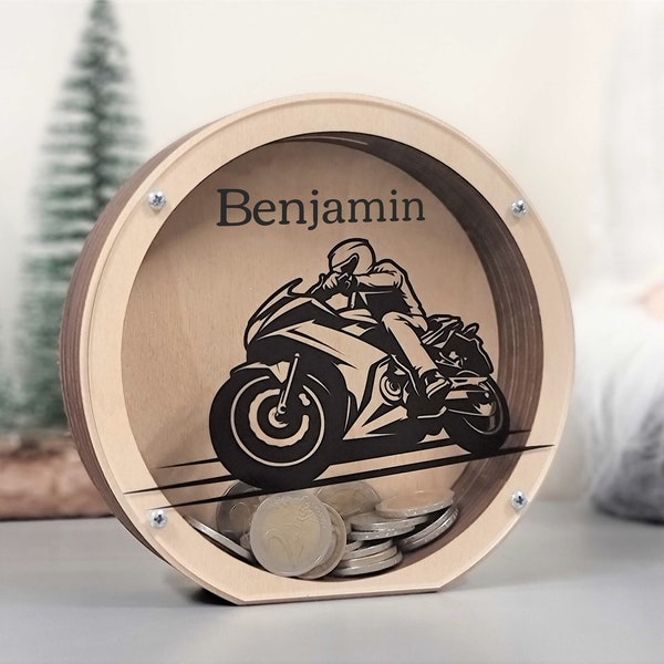 Wooden piggy bank Motorcycle, Personalized motorcycle gifts