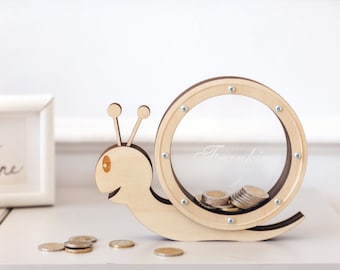 Piggy bank wood Snail piggy bank for kids, Godchild gift