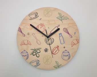 Silent wall clock, Wooden kitchen clock without numbers