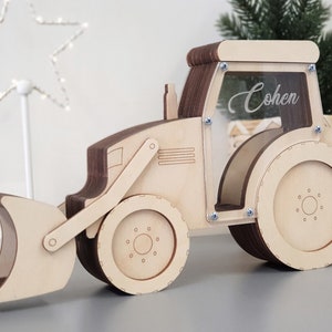 Cofrinho de escavadeira de madeira, Cofrinho personalizado de trator, Cofrinho personalizado para meninos, Cofrinho de caminhão, Presente de construção para crianças