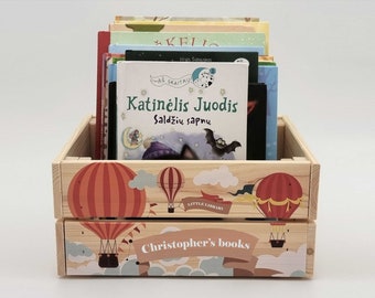 Kinderbuchregal, Personalisierte Bücherkiste, Bücheraufbewahrungsbox mit Luftballons