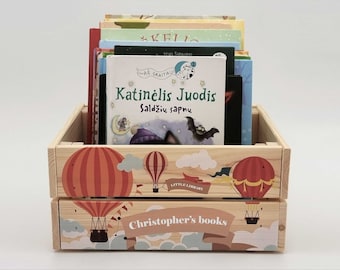 Kids book shelf, Personalized book crate, Book storage box with Air balloons