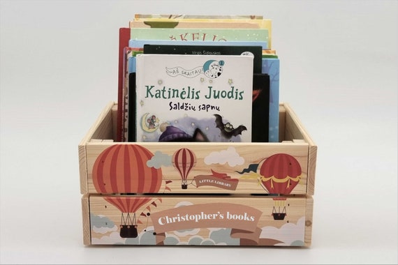 Kids book shelf, Personalized book crate, Book storage box with Air balloons